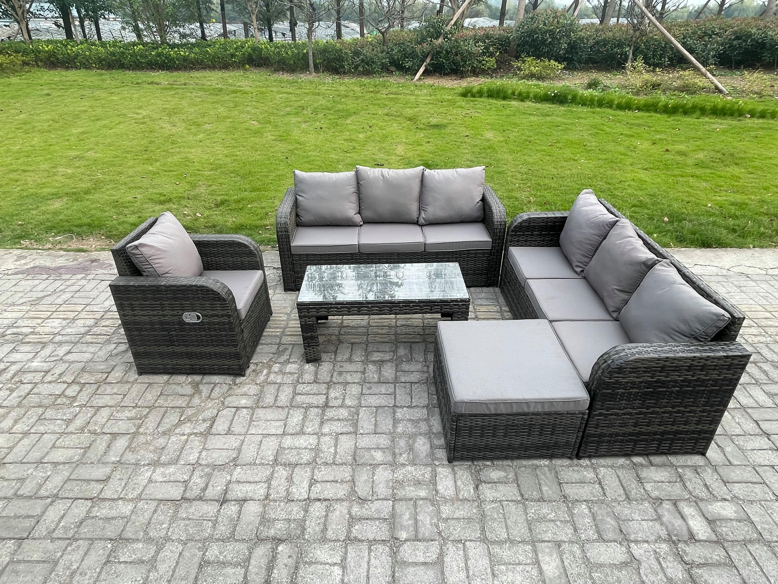GARTENSOFA SET mit rechteckigem COUCHTISCH Polyrattan 8-Sitzer Dunkelgrau - Dunkelgrau/Grau, Glas/Kunststoff - Fimous