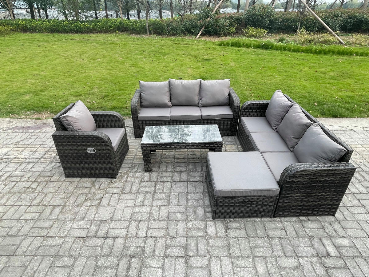 GARTENSOFA SET mit rechteckigem COUCHTISCH Polyrattan 8-Sitzer Dunkelgrau - Dunkelgrau/Grau, Glas/Kunststoff - Fimous