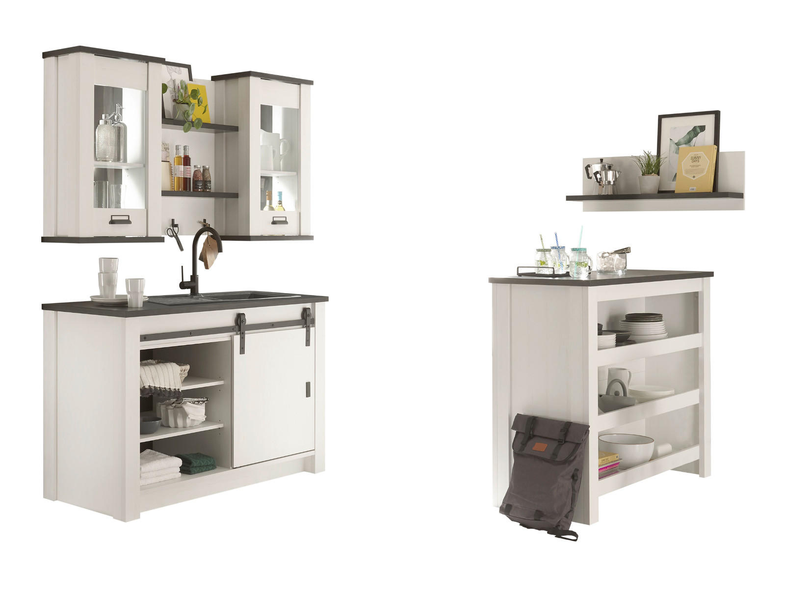 KÜCHEN-SET weiß Pinie, anthrazit Landhaus, Küchenschrank Set 6-teilig mit Theke - Anthrazit/Schwarz, Glas/Holzwerkstoff (133/106/64cm) - Furn.Design