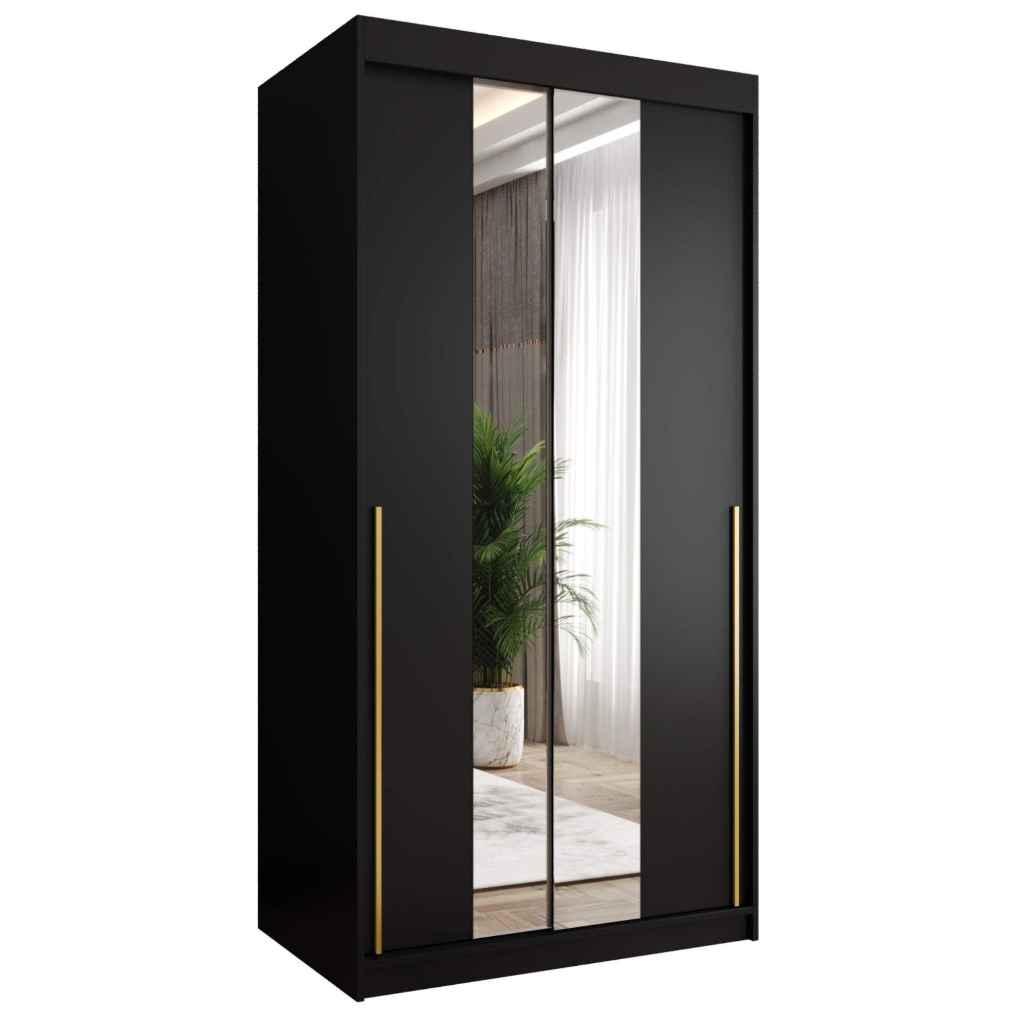SCHIEBETÜRENSCHRANK mit Spiegel 100 cm Breite, schwarz mit goldenem Griff - Goldfarben/Schwarz, Holzwerkstoff (100/200/62cm) - Home Collective