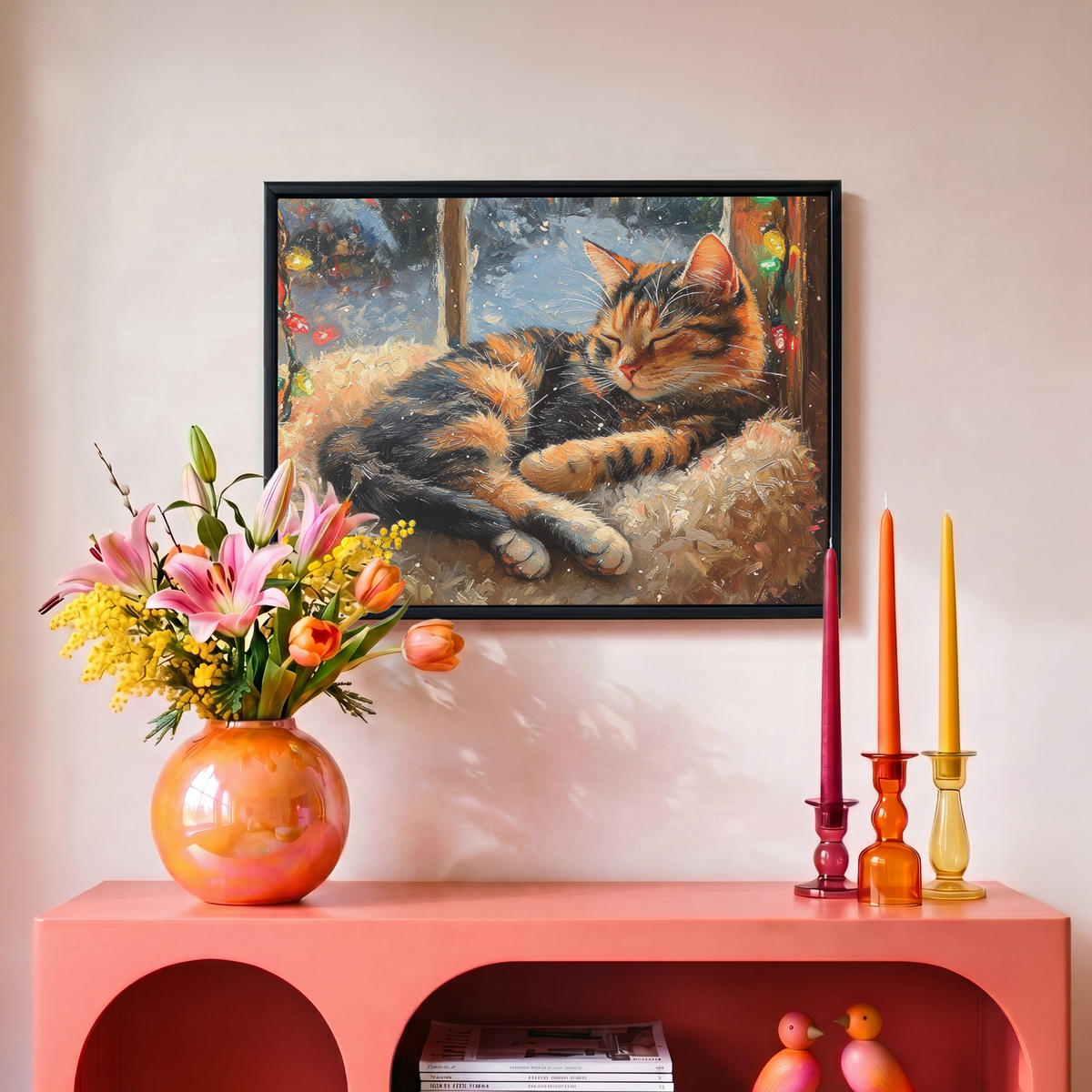 LEINWAND Bilder mit Rahmen - Katze - Weihnachten - Winter - Tier - 40x30 - Bernsteinfarben, Textil (40/30cm) - MuchoWow