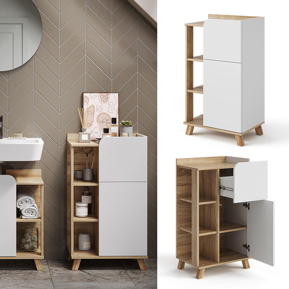 UNTERSCHRANK Karen Sonoma/Weiß 50 x 90 cm mit Tür und Schublade - Weiß/Sonoma Eiche, Holzwerkstoff (50/90/35cm) - Vicco