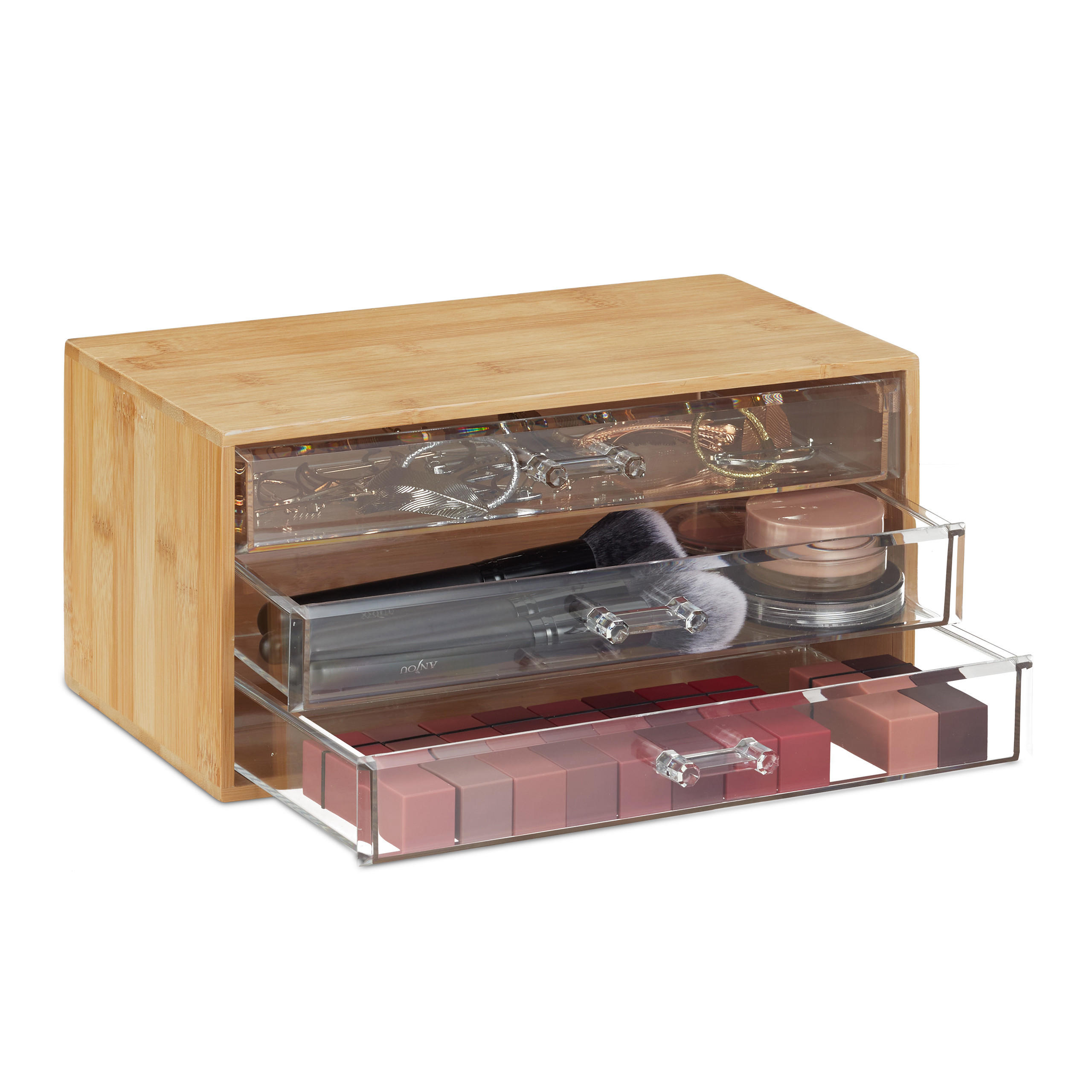 Relaxdays ORGANIZÉR přírodní transparentní bambus 3 zásuvky 15x30x17,5 cm