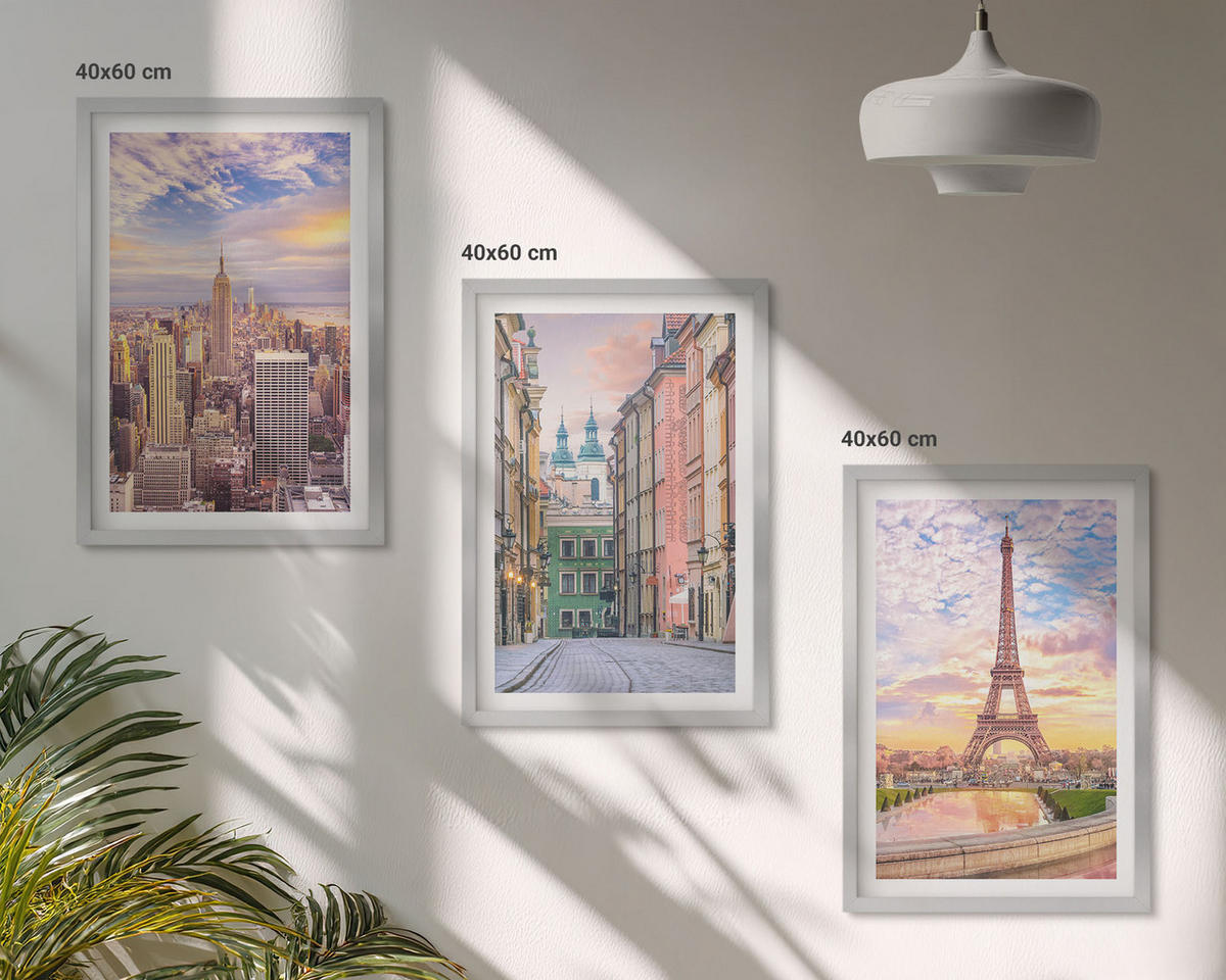 WANDBILDER 3er Set - 40x60 cm Silberner Rahmen - Städte New York Paris Dämmerung - Silberfarben, Kunststoff (40/60cm) - ArtPrintCave