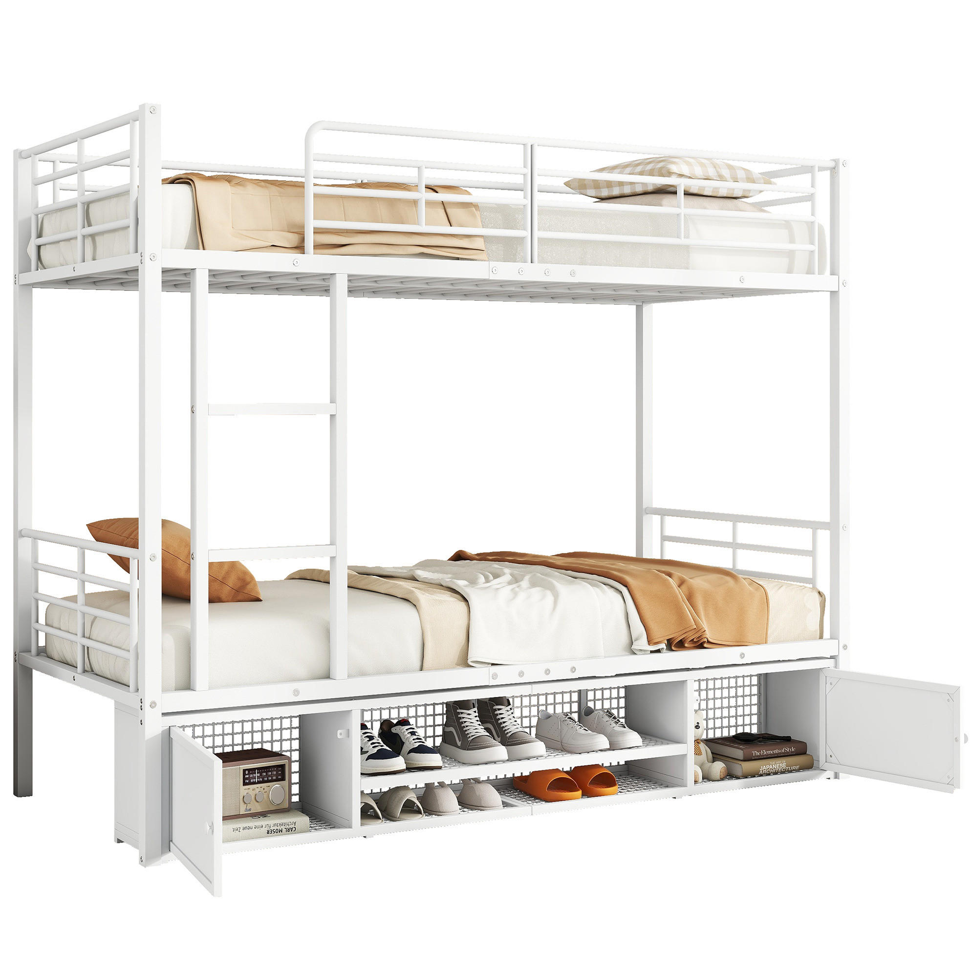 ETAGENBETT aus Metall 90x200 cm Weiß mit 3-stufiger Leiter, Fallschutz und Schuhablage mit Schrank - Weiß, Metall (90/200cm) - Modfu