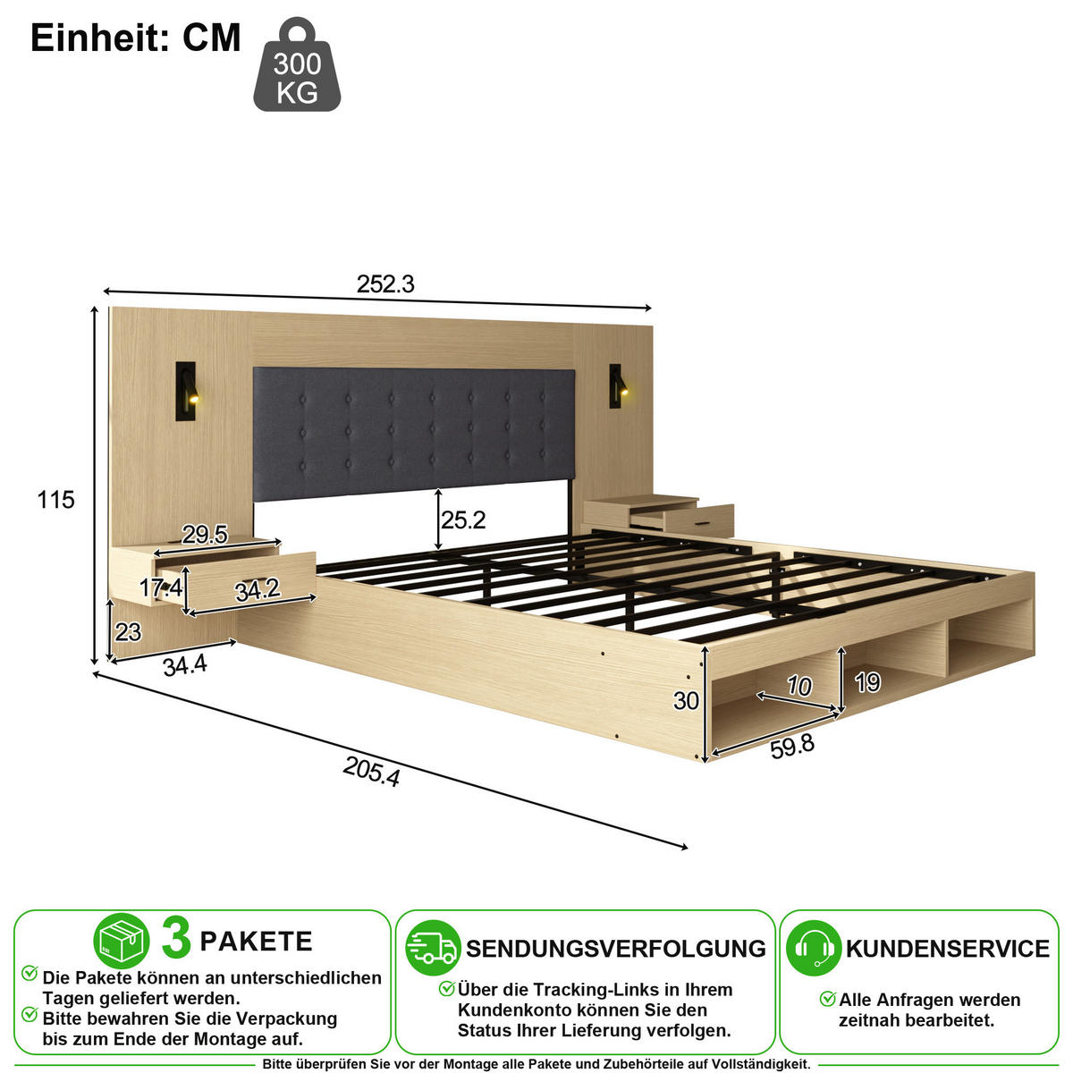 BETT 180/200 cm in Heller Eiche mit Ablage, USB, Type-C und Leselampe - Naturfarben, Holzwerkstoff (180/200cm) - CHICFURN