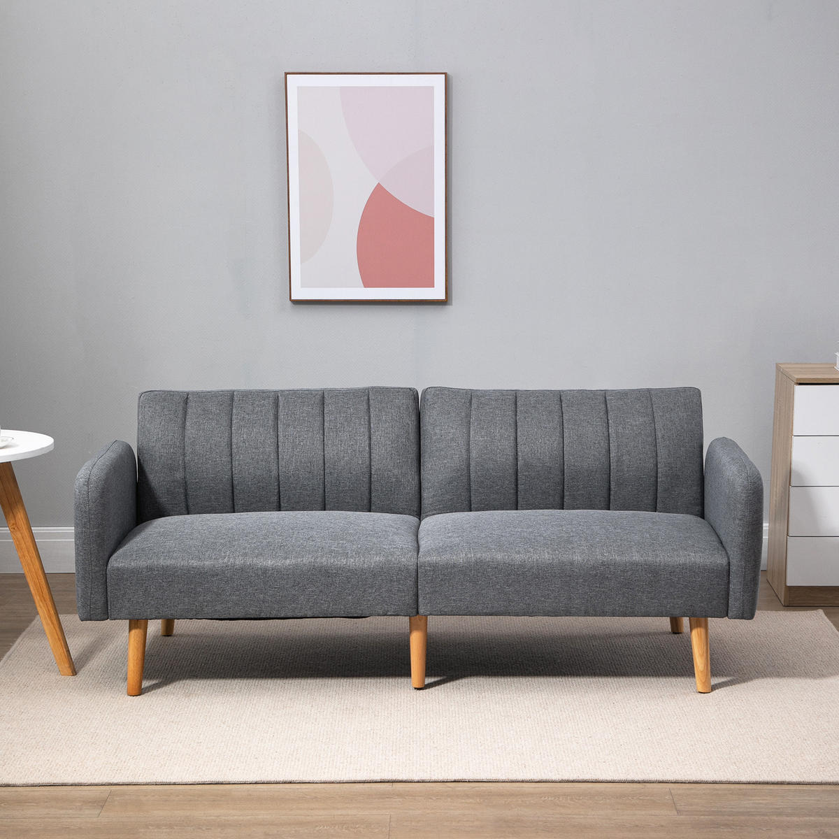 ROZKLÁDACÍ POHODA Rozkládací pohovka 2místná Látková pohovka Pohovka s funkcí spaní Linen-Touch - šedá/přírodní, dřevo/textil (75/73/173cm) - HOMCOM