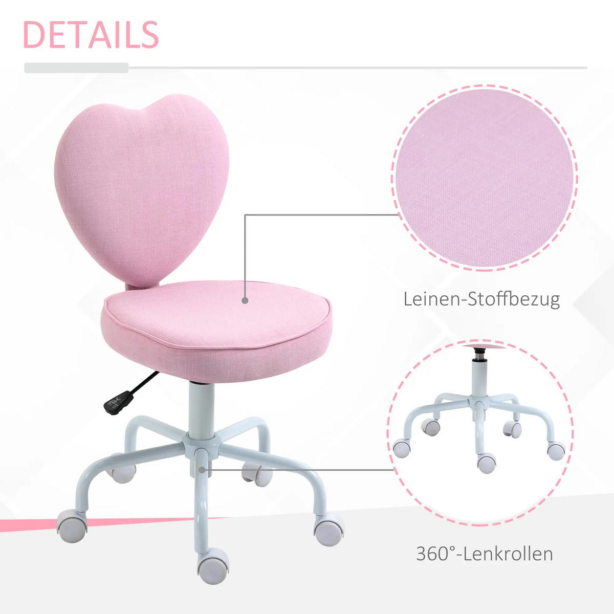 DREHSTUHL Rosa, Herzform, Leinen, ergonomisch - Pink, Metall (50/89/40cm) - SHOPENTRA