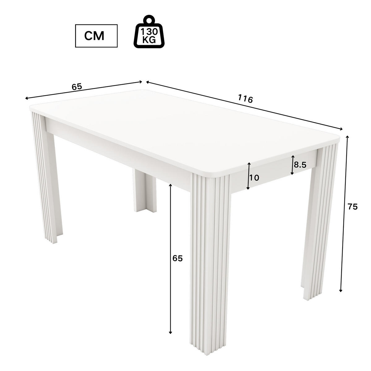 RECHTECKIGER Esstisch, 4–6 Pers., 116x65x75 cm, weiß - Weiß, Holzwerkstoff (116/65/75cm) - Meubles Cosy