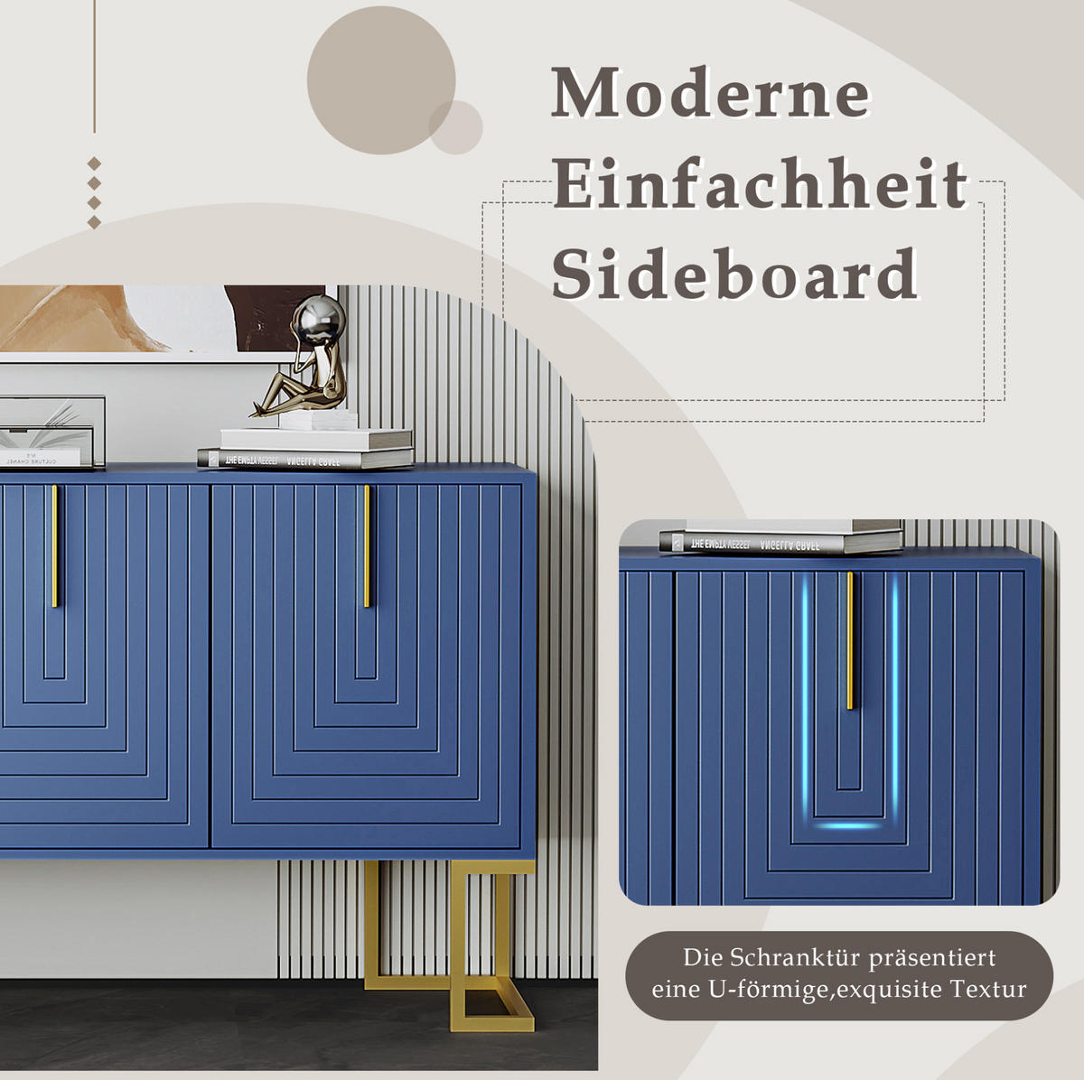 SIDEBOARD aus MDF und Spanplatte 138x40x80 cm Marineblau mit 3 Türen, verstellbaren Regalböden und Metallgestell - Blau, Holzwerkstoff (138/80.5/40cm) - Modfu