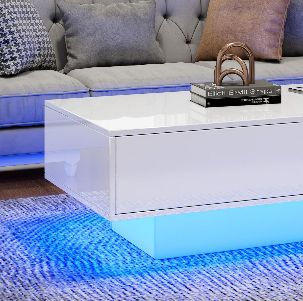 COUCHTISCH 115/55/34 cm in Weiß aus Spanplatte mit LED-Beleuchtung und 2 Schubladen - Weiß, Holzwerkstoff (115/55/34cm) - OKMYHOME