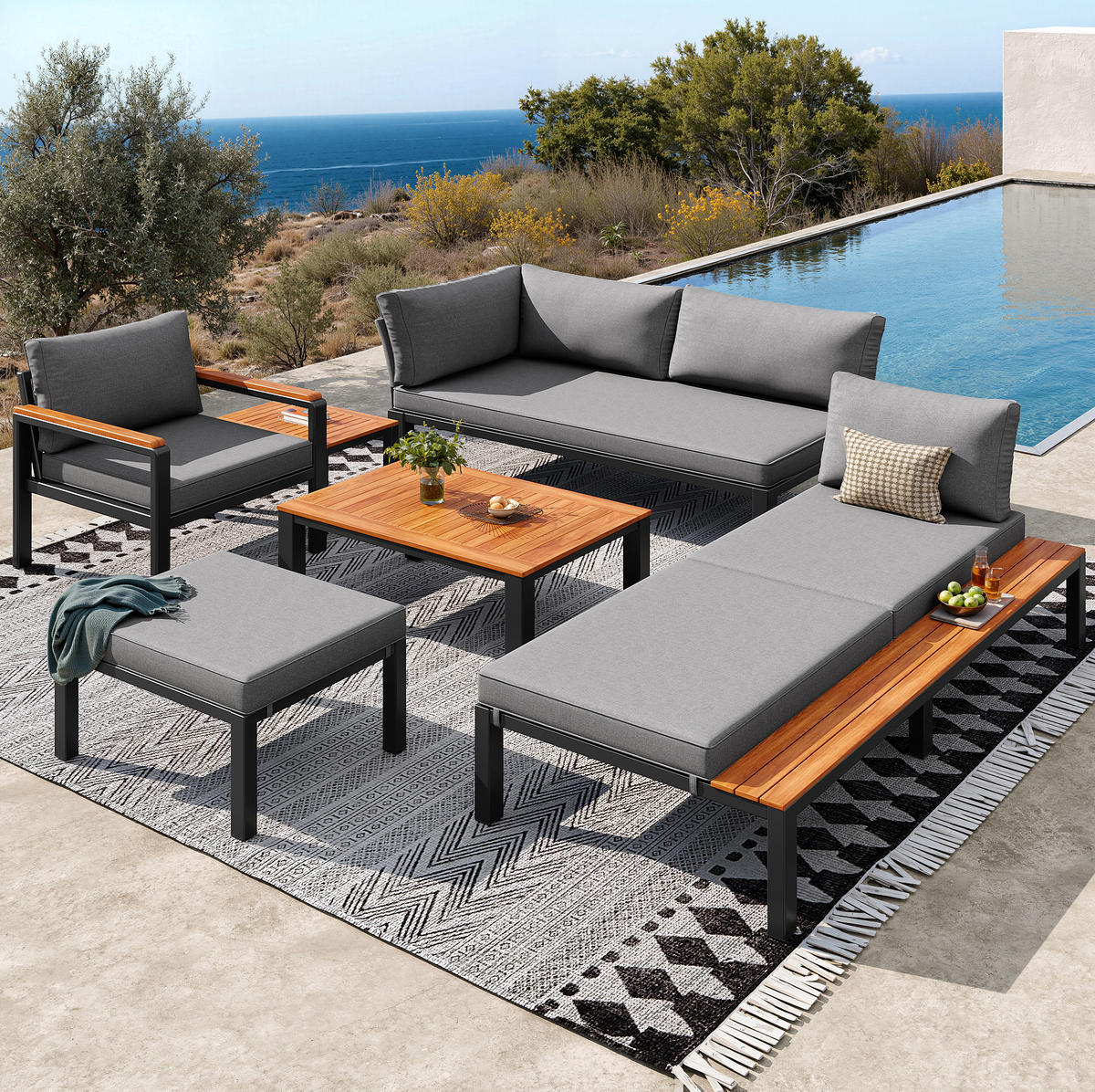 GARTENLOUNGE-SET 150/81,5/76 cm modular mit Akazienholz-Tischen und atmungsaktiven Kissen, Grau - Grau, Metall - Redom
