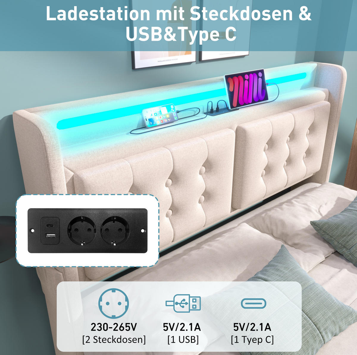 POLSTERBETT 180/200 cm Beige aus Baumwoll-Leinen mit LED und USB-C - Beige, Textil (180/200cm) - OKWISH