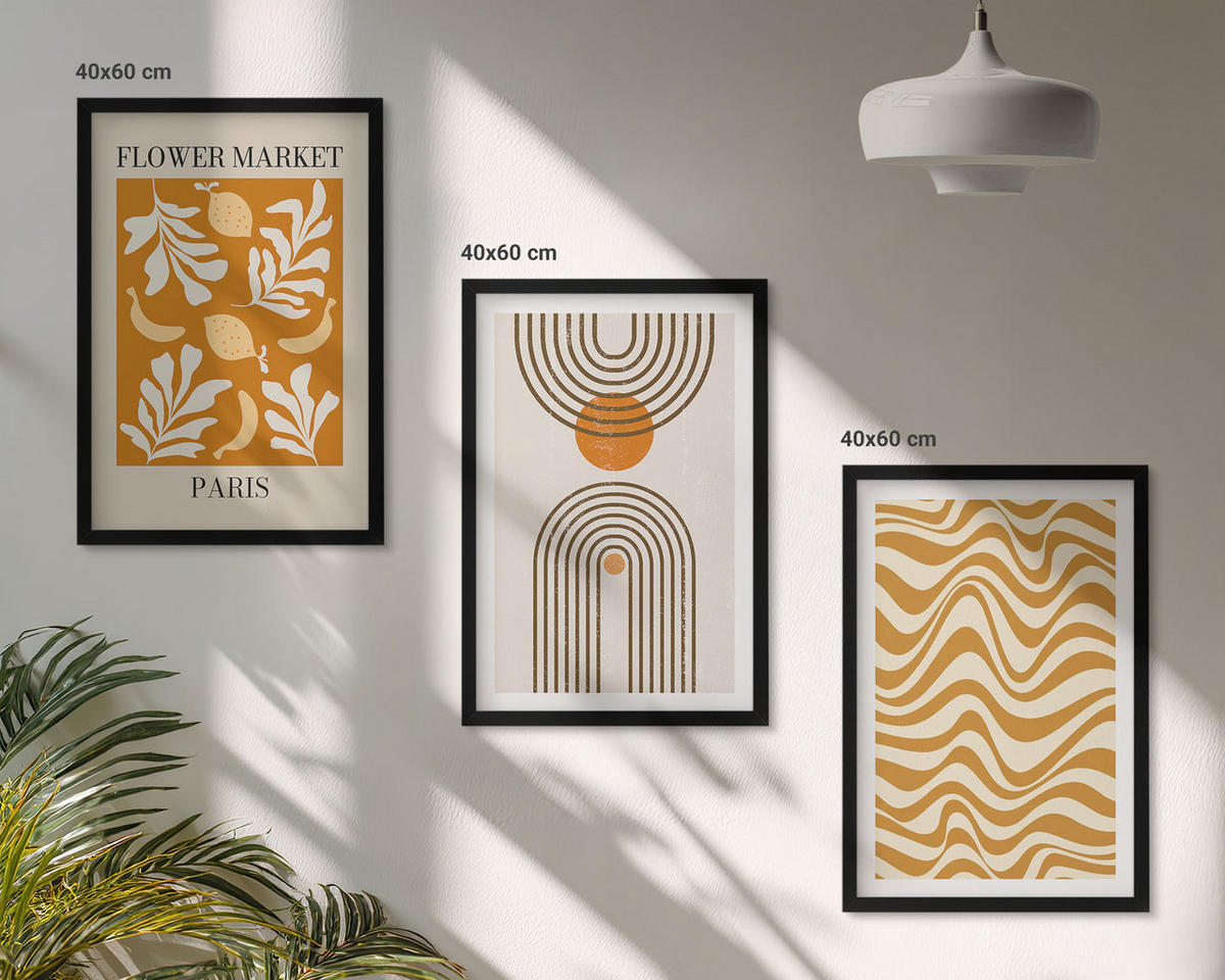WANDBILDER 3er-Set - 40x60 cm Schwarzer Rahmen - Poster mit geometrischen Pflanzenmustern - Schwarz, Kunststoff (40/60cm) - ArtPrintCave