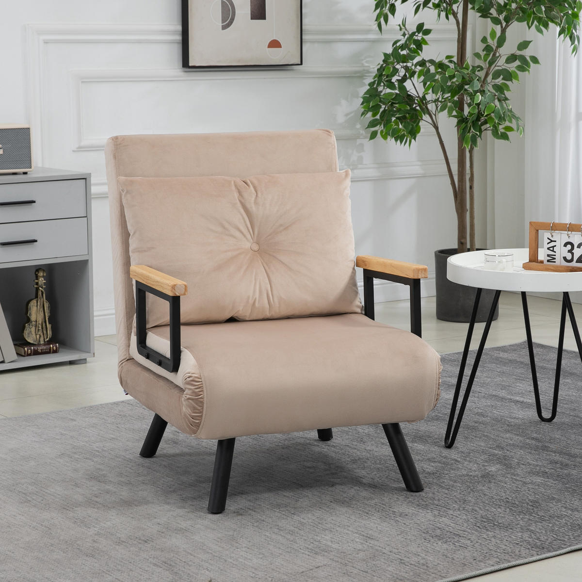 SCHLAFSESSEL, Einzelsofa mit Bettfunktion, Relaxsessel mit Rückenkissen Beige - Beige/Schwarz, Holz/Textil (73/81/63cm) - HOMCOM