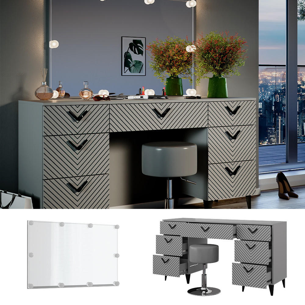 SCHMINKTISCH Anett Grau 150 cm mit LED Beleuchtung und Hocker - Grau, Holzwerkstoff (150/78.1/45cm) - Vicco