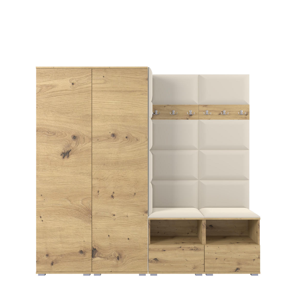GARDEROBE NELA VI 200 cm (Kompaktgarderobe Artisan Eiche mit Sitzpolster Creme 01 Schrank & Paneel) - Silberfarben/Creme, Holz/Holzwerkstoff (200/187/40cm) - Ravio
