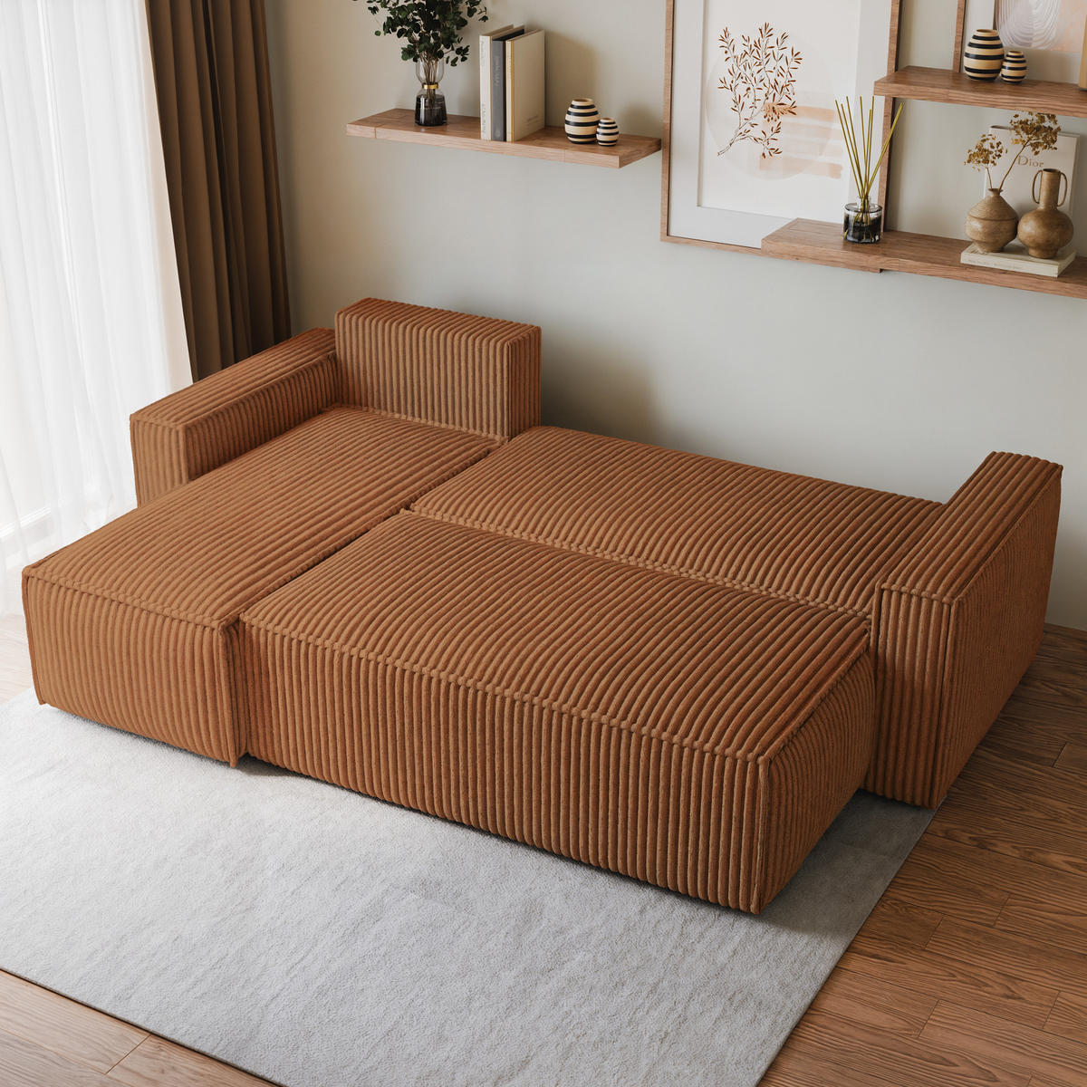 ECKSOFA RAVELO T Kupferfarben Kordstoff mit Schlaffunktion - Kupferfarben, Holz (240/140cm) - MASSENO