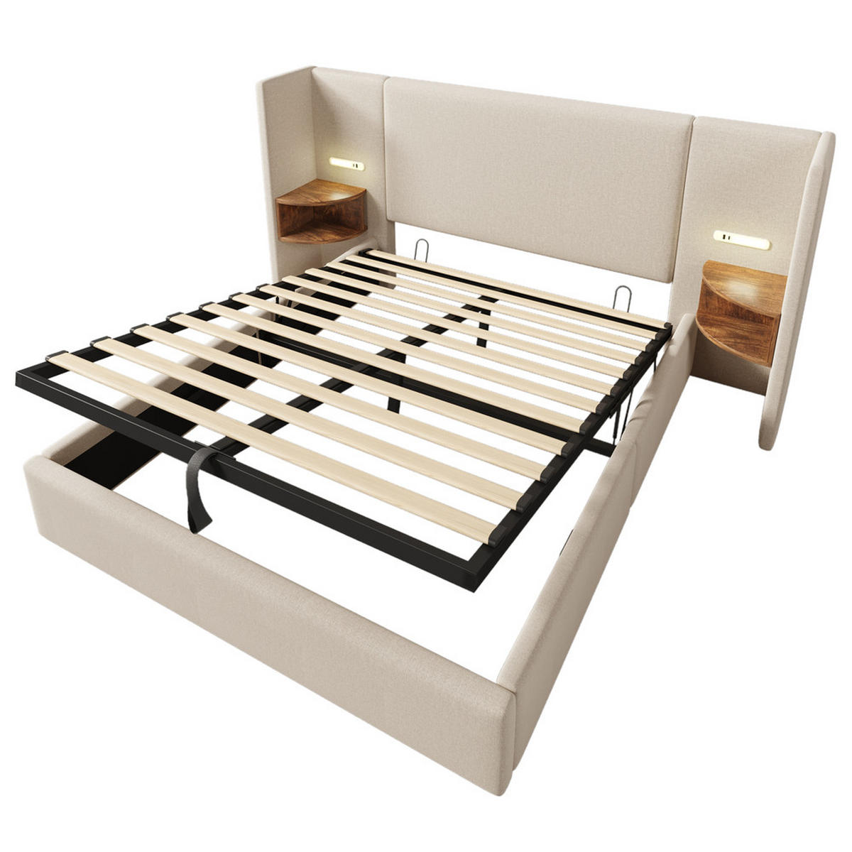 POLSTERBETT 160x200cm Doppelbett mit Nachttisch Leselampe & USB-C Beige - Beige, Holz - FLIEKS