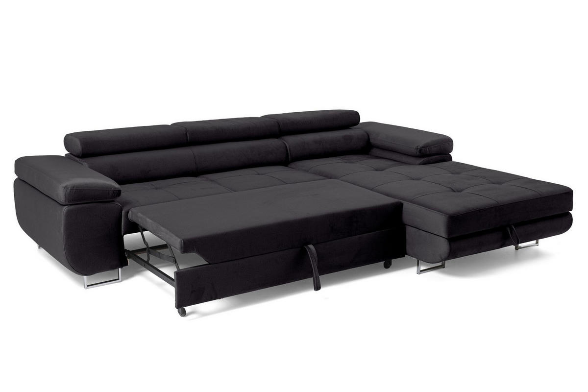 ECKSOFA ALONZO L Rechts mit Schlaffunktion 125x195 Velours Schwarz - Silberfarben/Schwarz, Holz/Textil (203/275cm) - Muffo