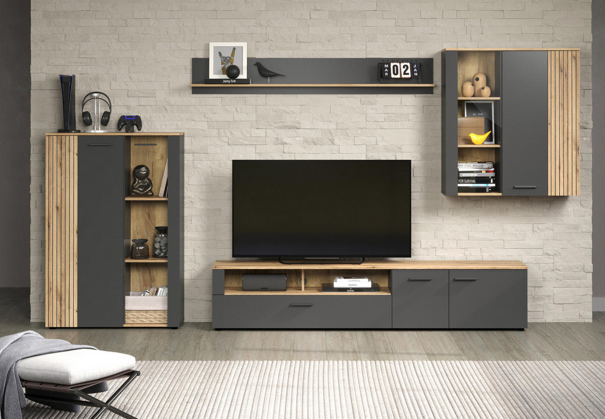 WANDBOARD grau, Evoke Eiche, Wandregal 167 x 25 cm - Eichefarben/Grau, Holzwerkstoff (167/25/18cm) - Top.Furn