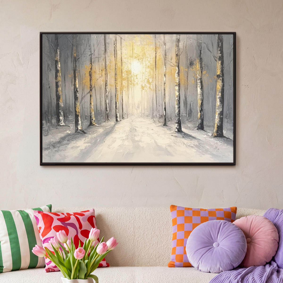 LEINWAND Bilder mit Rahmen - Winter - Abstrakt - Schnee - Natur - Sonne - 90x60 - Grau, Textil (90/60cm) - MuchoWow