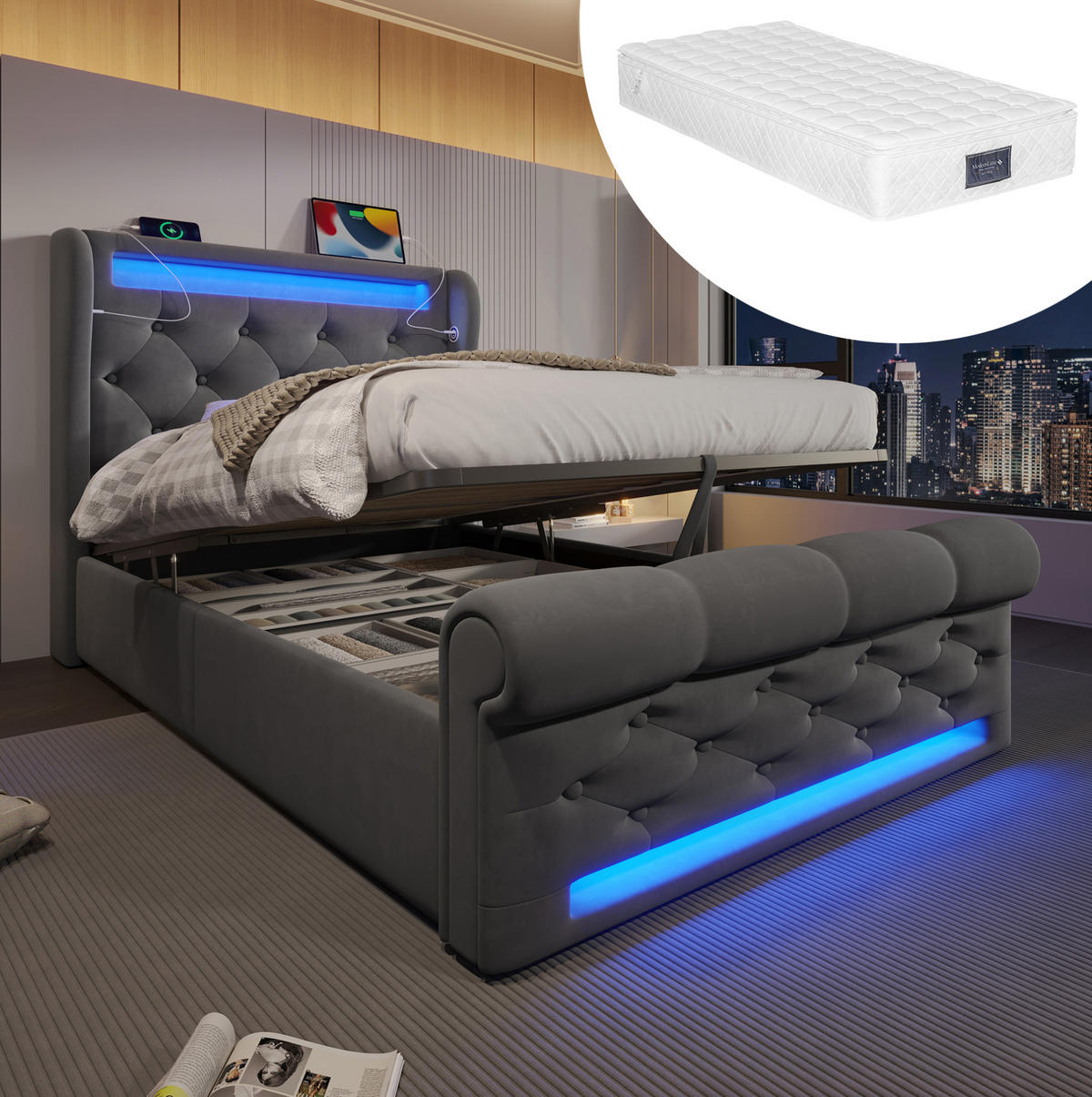POLSTERBETT 90/200 cm Grau aus Samt mit LED, Stauraum, USB- und Type-C-Anschlüssen - Grau, Textil (90/200cm) - Flora Grace