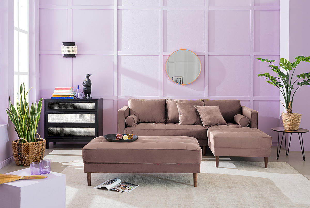 ECKSOFA - Samt - Dunkelbraun/Mauve, Birkenholz/Textil (201/155cm) - home24