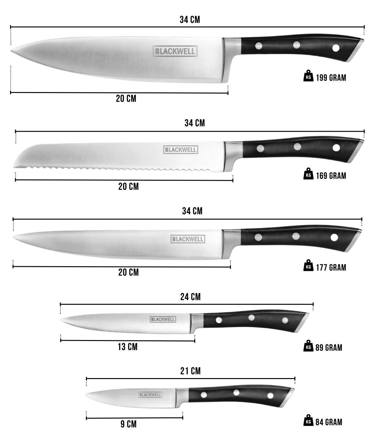 MESSERBLOCK - Deluxe - Kochmesser, Brotmesser, Fleischmesser, Officemesser & Schälmesser 6-teilig - Braun, Holz (2/2/1cm) - Blackwell