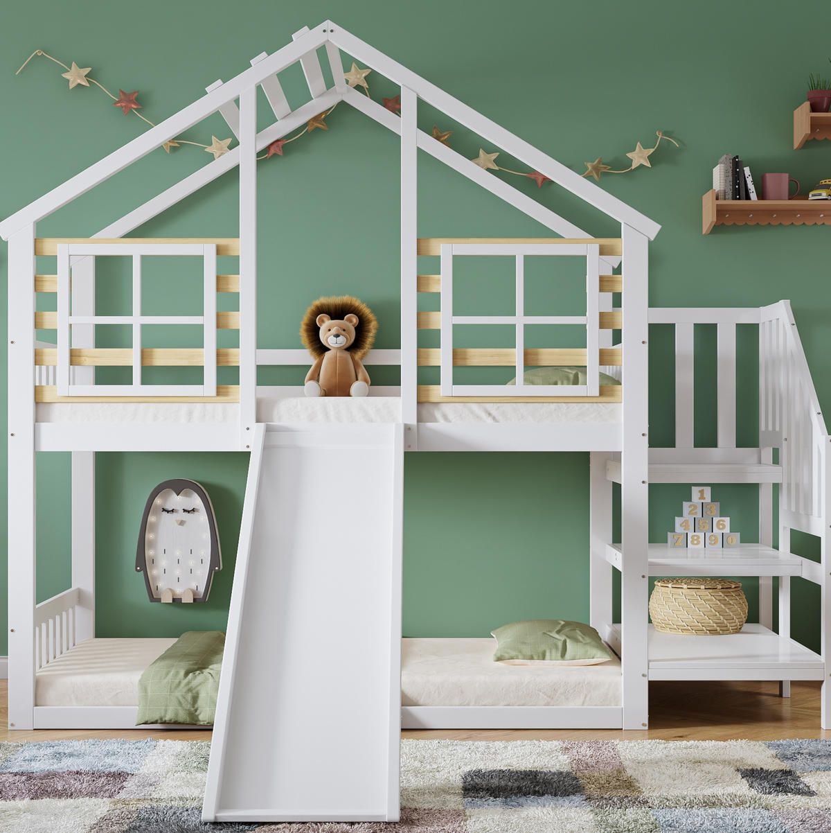 POSCHODOVÁ posteľ 90/200 cm biela/prírodná so šmykľavkou, schodíkmi a oknami z masívneho dreva a MDF - biela, kompozitné drevo (90/200cm) - OKWISH