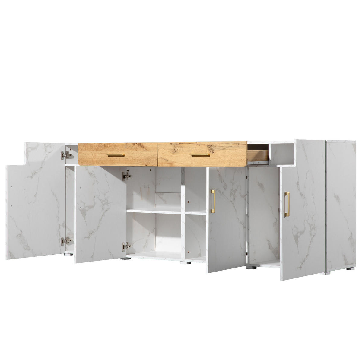 SIDEBOARD aus Spanplatte 208x39,5x80 cm Weiß mit 4 Türen, 2 Schubladen und marmoriertem PVC-Furnier - Weiß, Holzwerkstoff (208/80/39.5cm) - Modfu