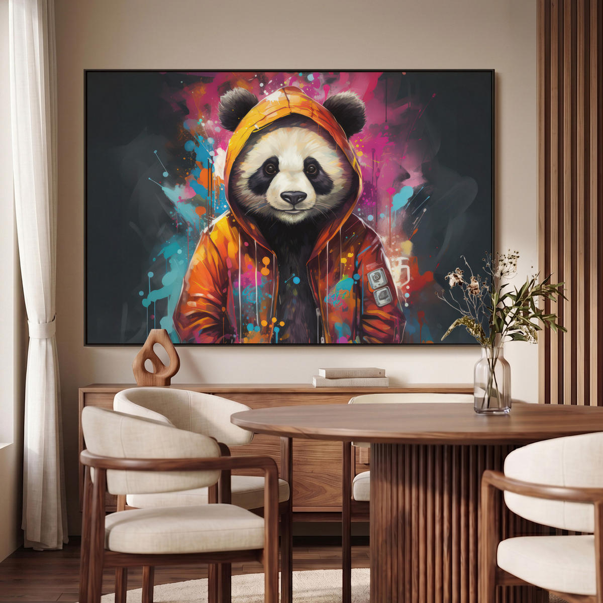 LEINWAND Bilder mit Rahmen - Panda - Jacke - Graffiti - Orange - 140x90 - Orange, Textil (140/90cm) - MuchoWow