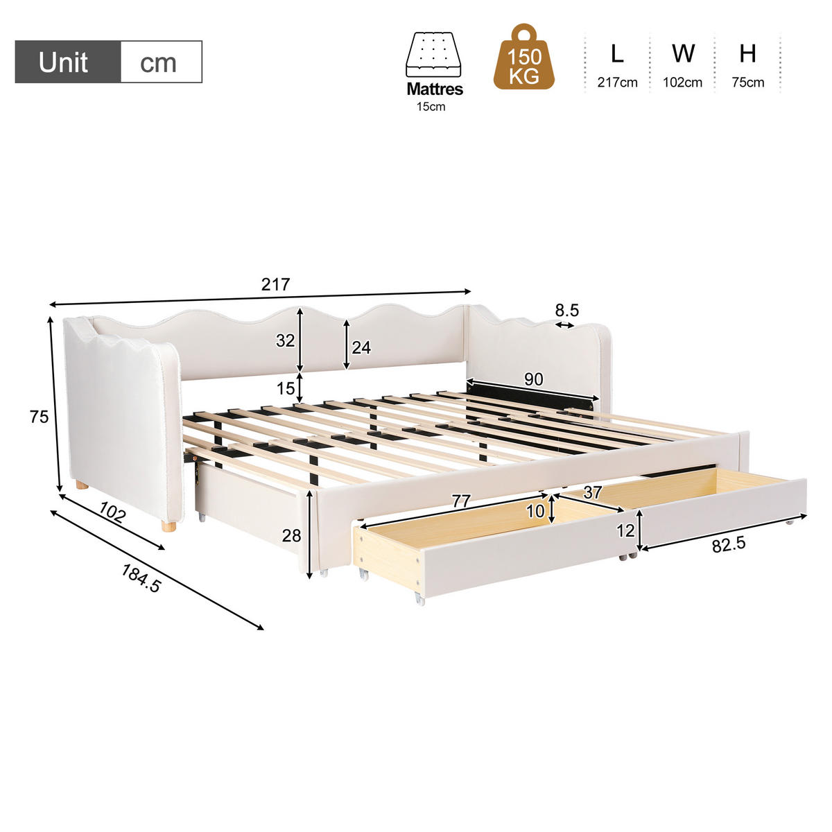 POLSTERBETT 90x200cm Ausziehbar Stauraum USB Samt Beige - Beige, Textil - FLIEKS