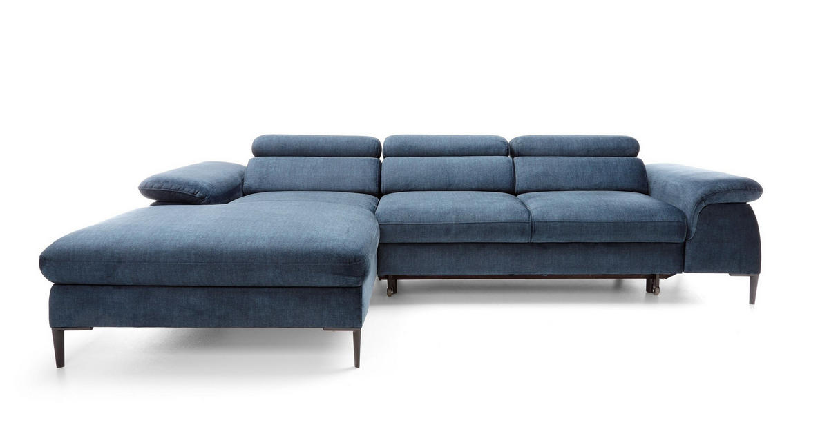 ECKSOFA MESTO Blau Velours-Stoff mit Schlaffunktion - Blau, Holz (288/182cm) - MASSENO