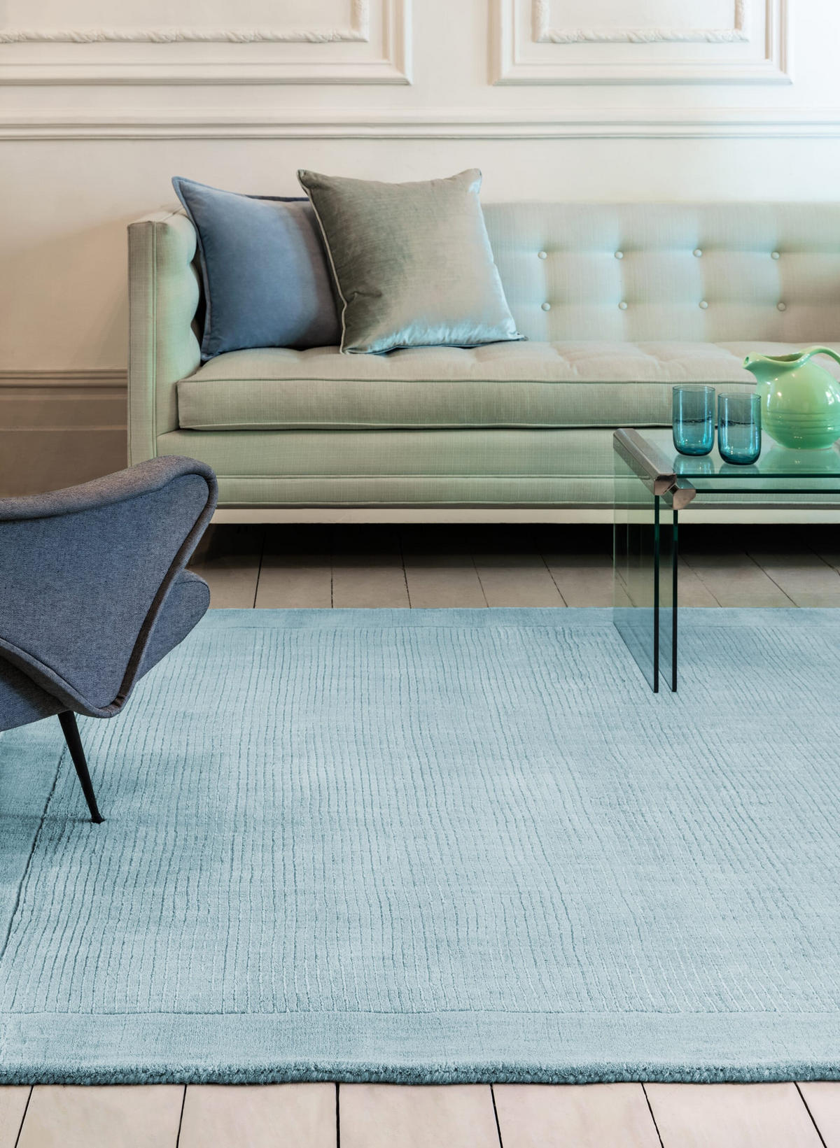 TEPPICH Schurwolle handgewebt mit Bordüre modern STOW, Hellblaugrün 200x290 cm - Hellblau, Textil (200/290cm) - KADIMA DESIGN