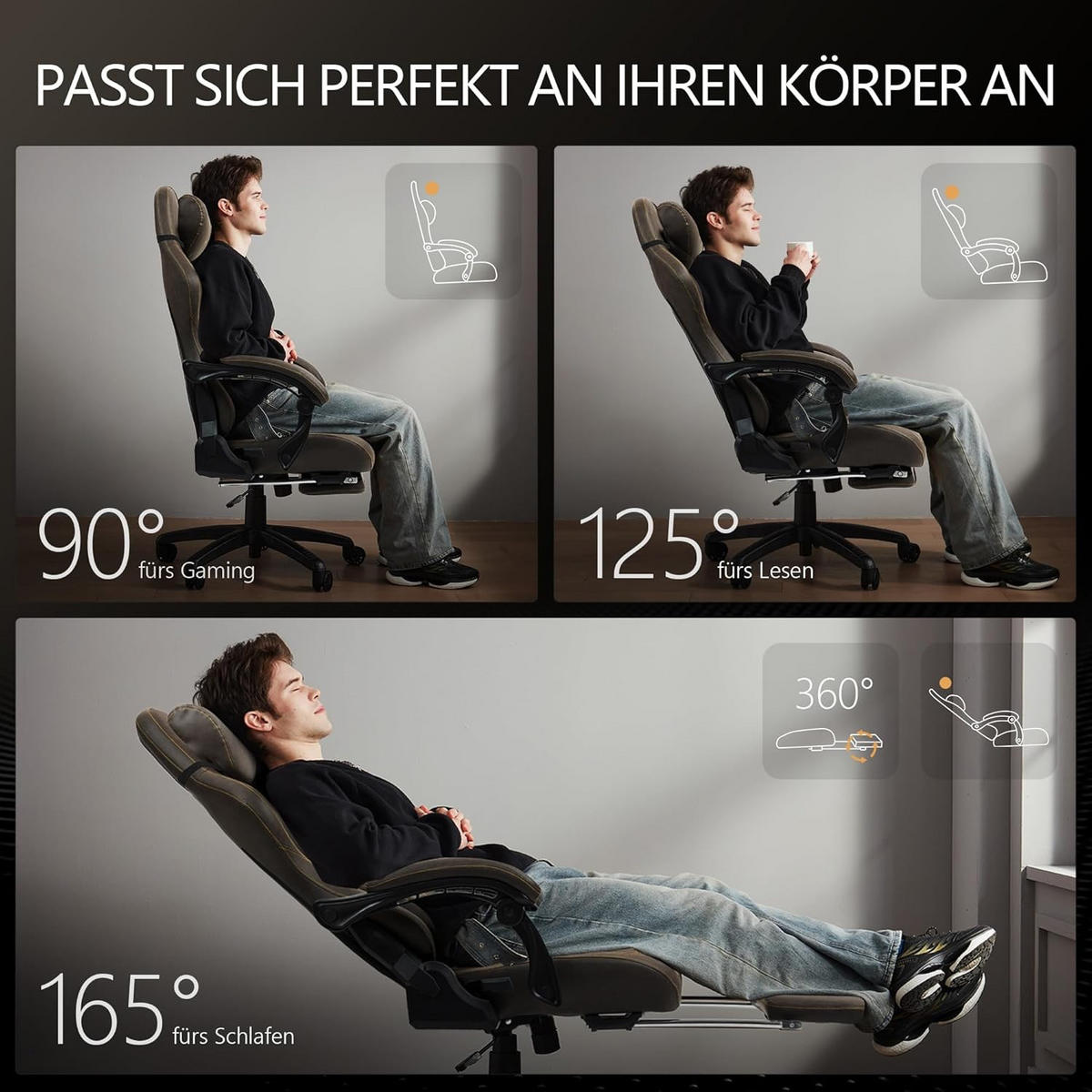 GAMING-STUHL & hoher Rückenlehne, Massagefunktion PU-Leder - Braun, Leder (61/117/61cm)