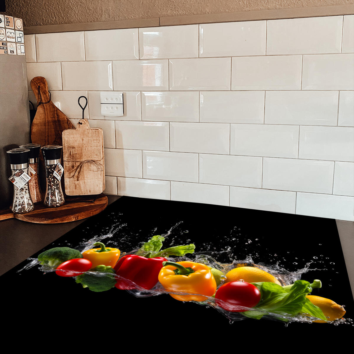 HERDABDECKPLATTE Paprika - Wasser - Gemüse - Schwarz Induktionsmatte 78x78 cm - Multicolor, Kunststoff (78/78/0.2cm) - MuchoWow