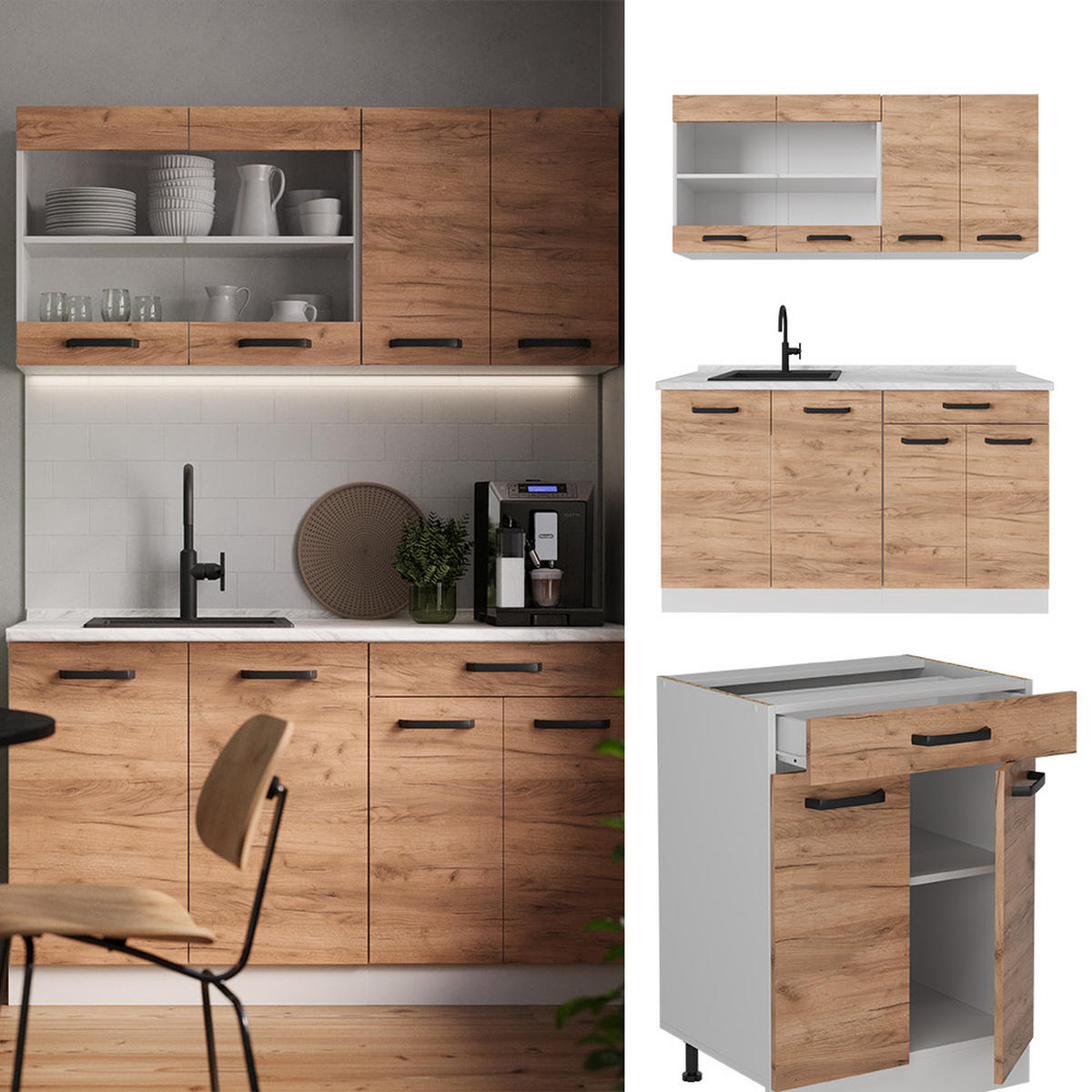 SINGLEKÜCHE R-Line Goldkraft Eiche/Weiß 140 cm ohne Arbeitsplatte - Honigeiche/Eiche Wotan, Holzwerkstoff (140/81.6/46cm) - Vicco