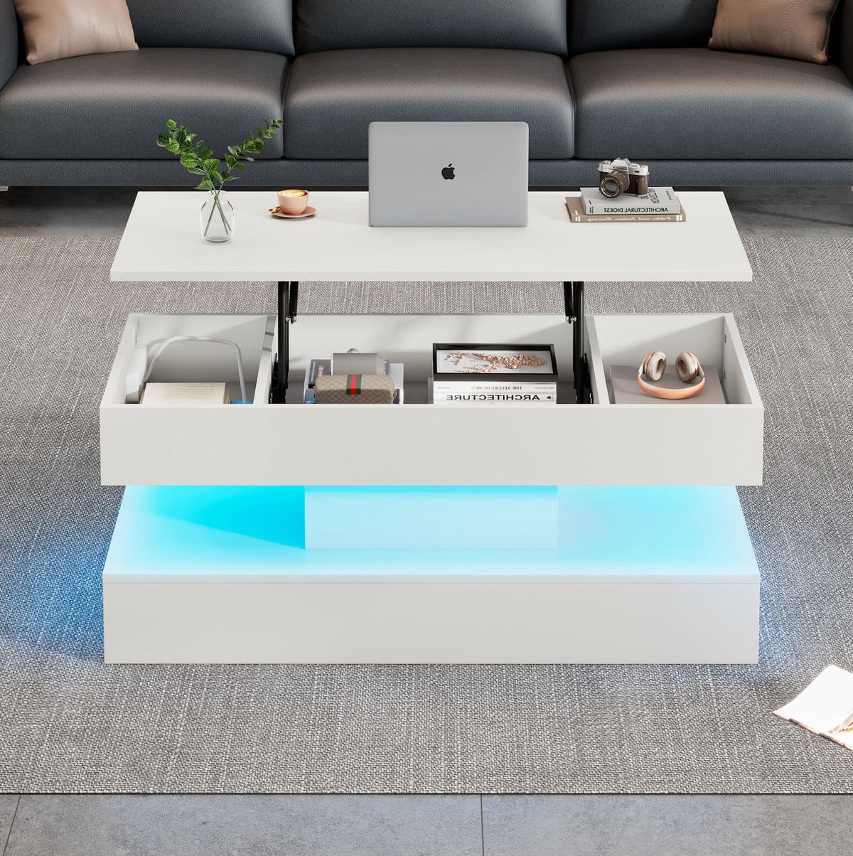 KONFERENČNÍ stolek 100/50/42 cm bílý z dřevotřísky s LED osvětlením a výškově nastavitelnou deskou - bílá, kompozitní dřevo (100/50/42cm) - OKWISH
