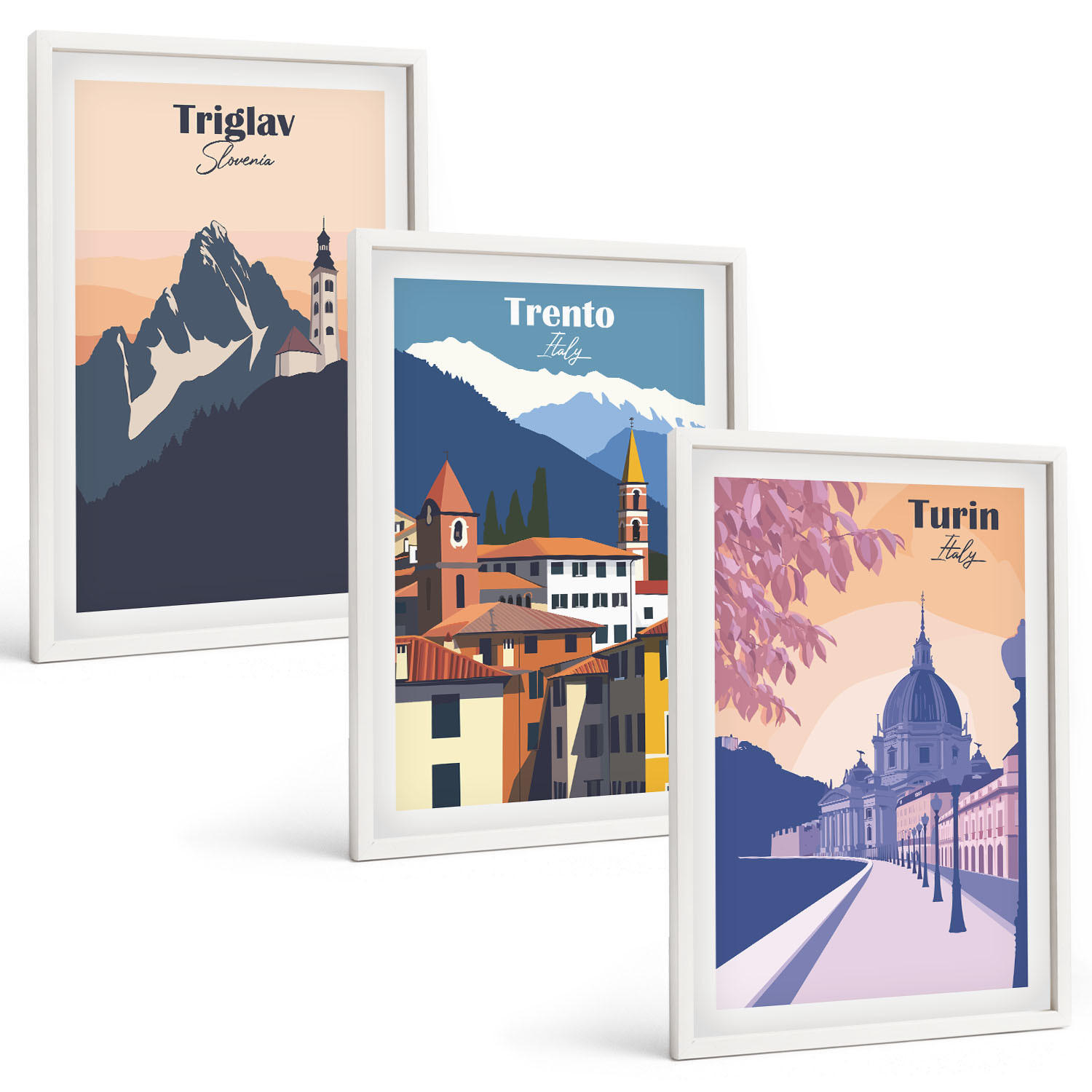 BILDER SET 3er Set - 40x60 cm Weißer Rahmen - Retro-Illustrationen zur Bergarchitektur - Weiß, Kunststoff (40/60cm) - TULUP