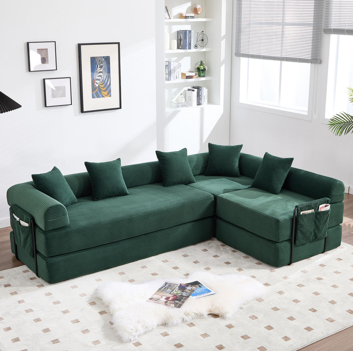 MODULARES Sofa 270/180/64 cm aus Cord mit Schlaffunktion und Seitentasche Smaragdgrün - Smaragdgrün, Textil (180/64/270cm) - Modenvie