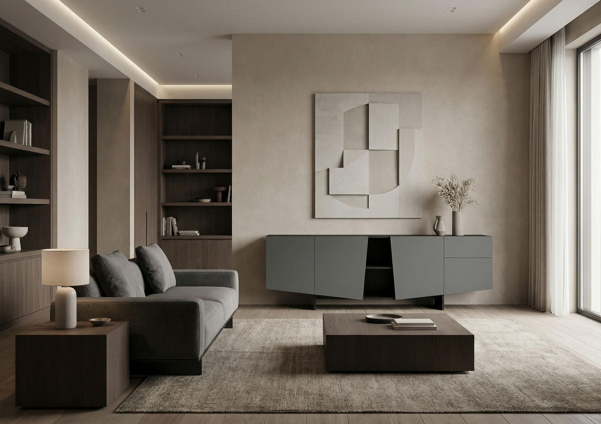 SIDEBOARD Wing, Asymmetrische Fronten, 200 cm, Schwarz und Grau - Schwarz/Grau, Holzwerkstoff (200.2/70/41.8cm) - Skandica