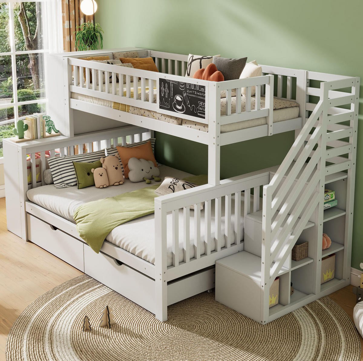 ETAGENBETT 140/200 cm mit Treppe und Aufbewahrungseinheiten weiß - Weiß, Holz (140/200cm) - OKWISH
