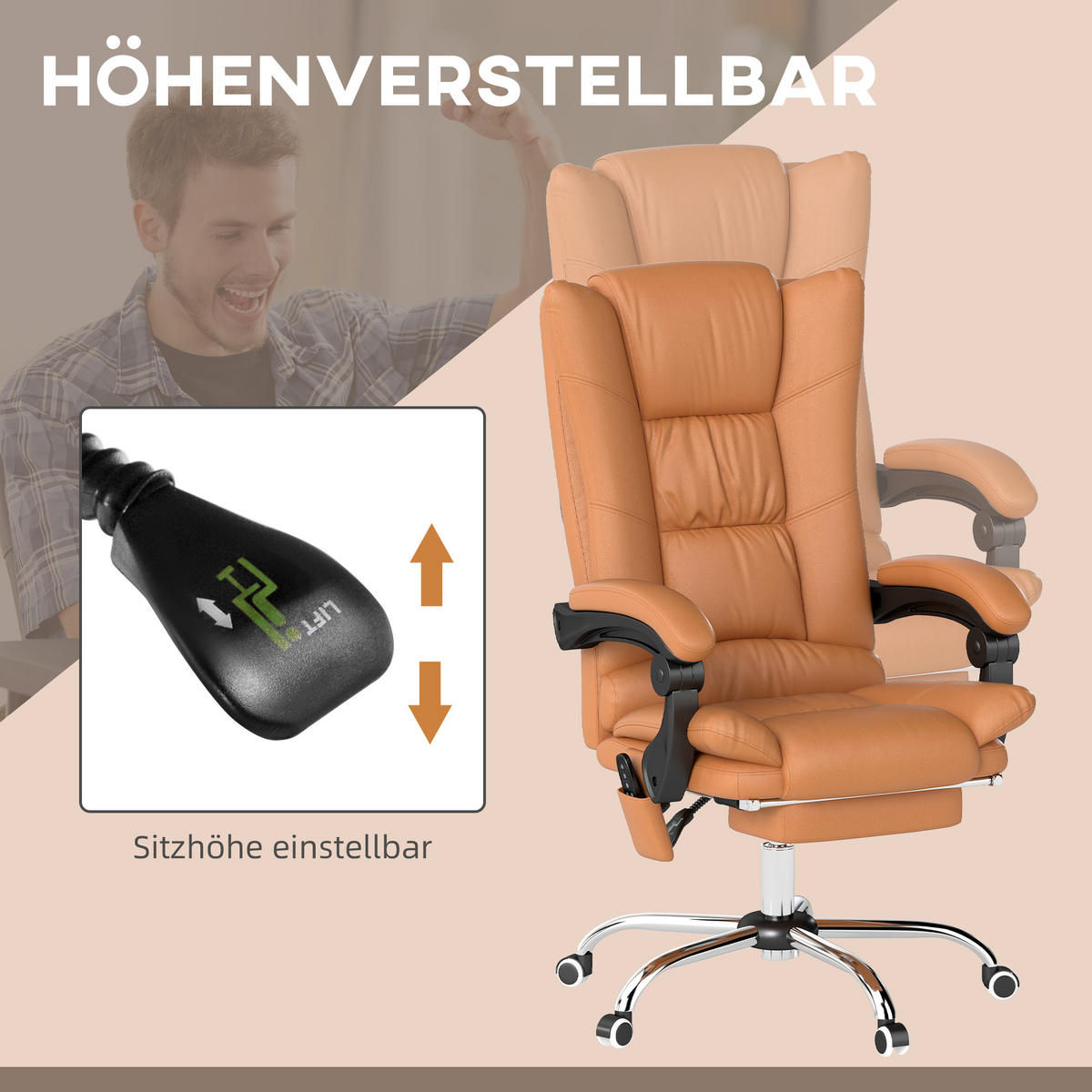 BÜROSTUHL mit Massagefunktion Ergonomischer Chefsessel mit Heizfunktion - Braun, Kunststoff (70/118/64cm) - Vinsetto