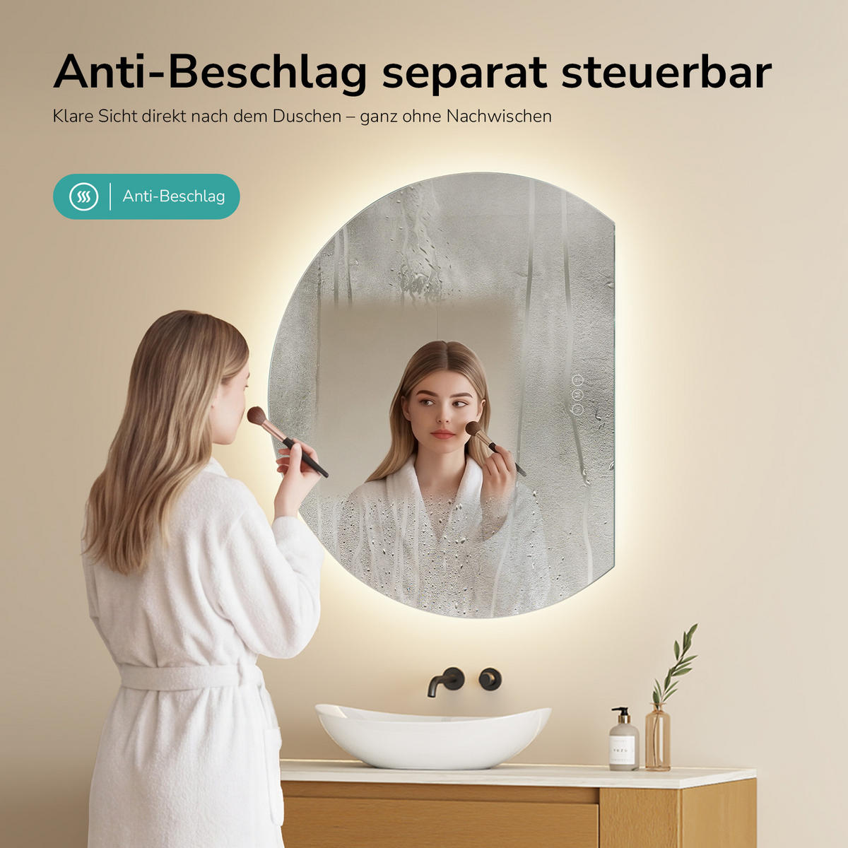 BADSPIEGEL LED 100 x 83 cm mit 3 Lichtfarben, Antibeschlagfunktion und Touch-Schalter - Transparent, Glas (100/83/2.5cm) - EMKE