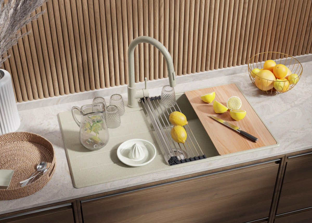 SPÜLBECKEN Kopenhagen, 2-er set Beige 90/50 cm 1 Becken + Ablauf-Set + Schneidebrett ab 60er Unterschrank - Chromfarben/Beige, Kunststoff (90/20/50cm) - Primagran