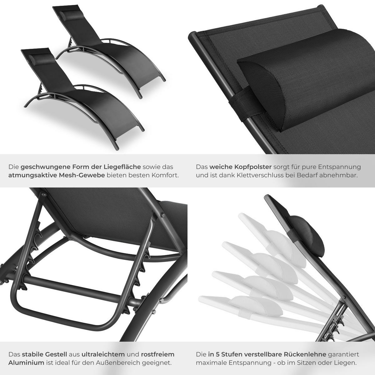GARTENLIEGE 2er Set Alina,180 x 59 x 50 cm,schwarz - Schwarz, Kunststoff (59/81.5/180cm) - tectake