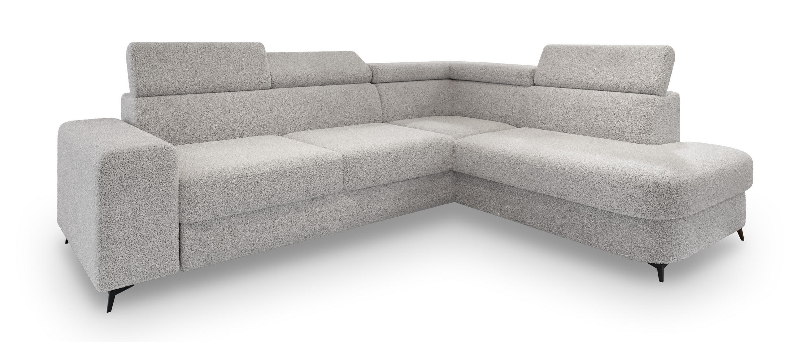 ECKSOFA ALVORO R-S Hellgrau Boucle-Stoff mit Schlaffunktion - Hellgrau, Holz (253/190cm) - MASSENO