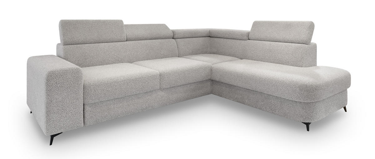 ECKSOFA ALVORO R-S Hellgrau Boucle-Stoff mit Schlaffunktion - Hellgrau, Holz (253/190cm) - MASSENO