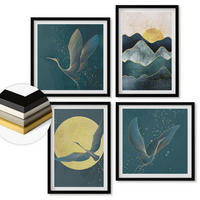 WANDBILDER 4er-Set - 50x50 cm & 40x60 cm Schwarzer Rahmen - Vögel, Kraniche, Mond, Berge - Schwarz, Kunststoff (50/50cm) - ArtPrintCave